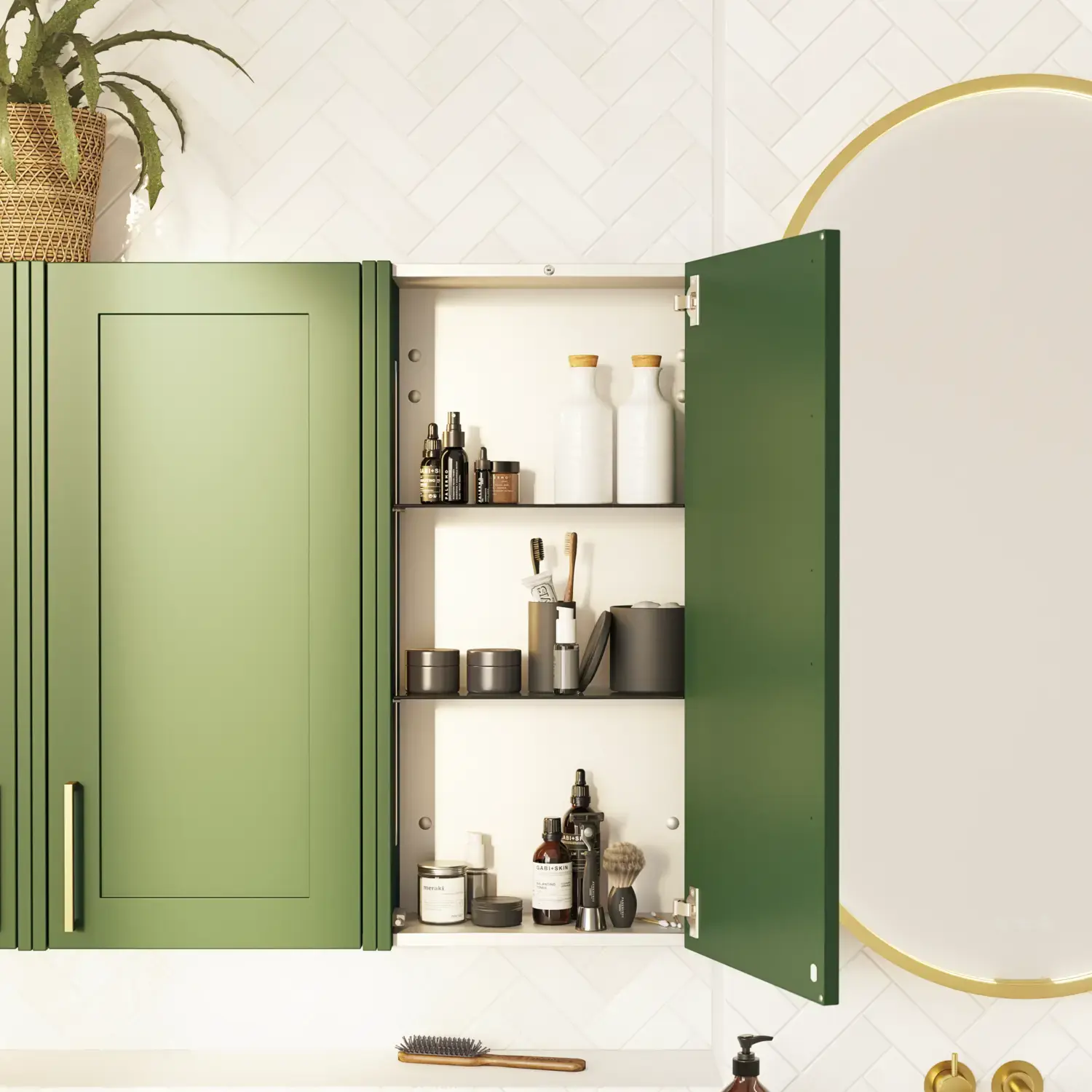 Large bathroom in green colors with vanity unit, brass framed oval mirror and beautiful framed doors