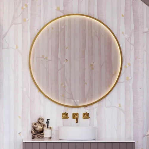 Bathroom inspiration with custom purple cabinets featuring elegant grooves, stylish countertop with a vessel sink, large mirror with brass edge, tiles and walls in purple shades create a romantic and feminine look