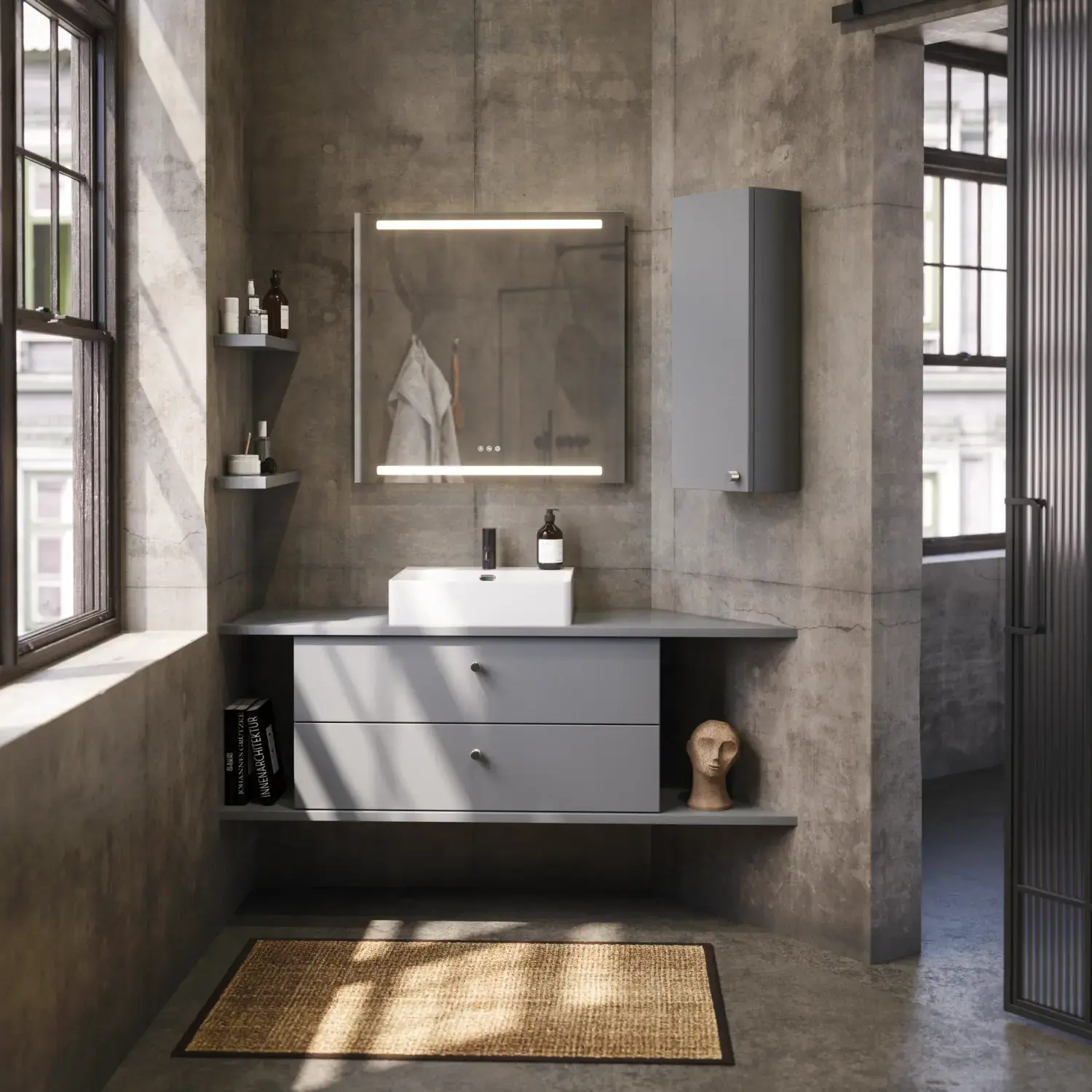 Bathroom inspiration with sloped walls inspiration, grey vanity unit and upper cabinet, custom-made countertops, modern square countertop basin, square mirror with lights, raw concrete walls and floors create an urban look