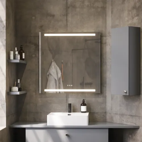 Bathroom inspiration with sloped walls inspiration, grey vanity unit and upper cabinet, custom-made countertops, modern square countertop basin, square mirror with lights, raw concrete walls and floors create an urban look