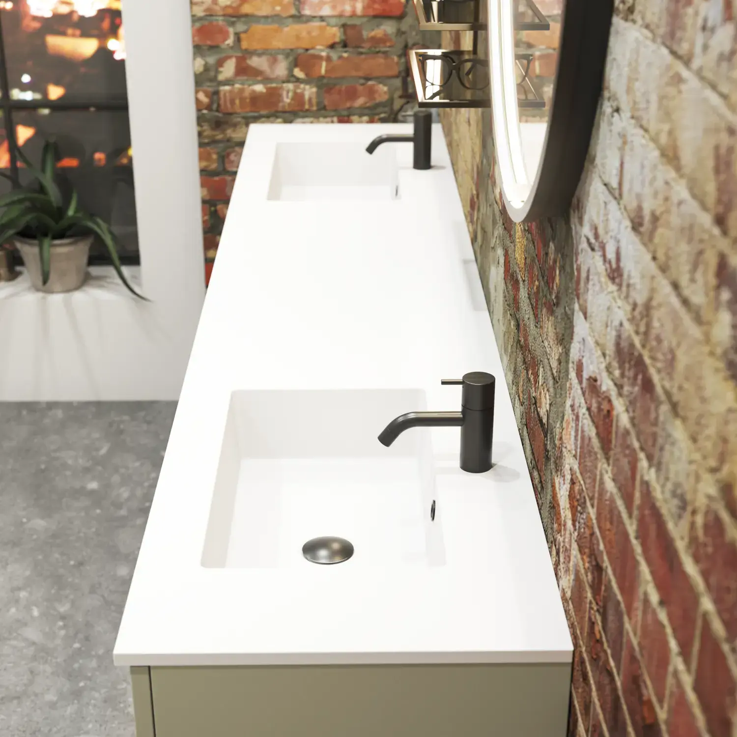 Raw and modern bathroom in an urban style. Beautiful vanity units and black framed round mirrors