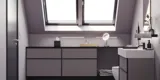 Kylpyhuone, jossa on vinot seinät, inspiraatio, kylpyhuonekalusteet liilaa, elegantit kehysovet, kaunis soikea peili lampulla, kaunis ja käytännöllinen hylly, liilaksi maalattu seinä ja harmaa kalanruotolattia, jotka antavat elegantin ja modernin ilmeen.