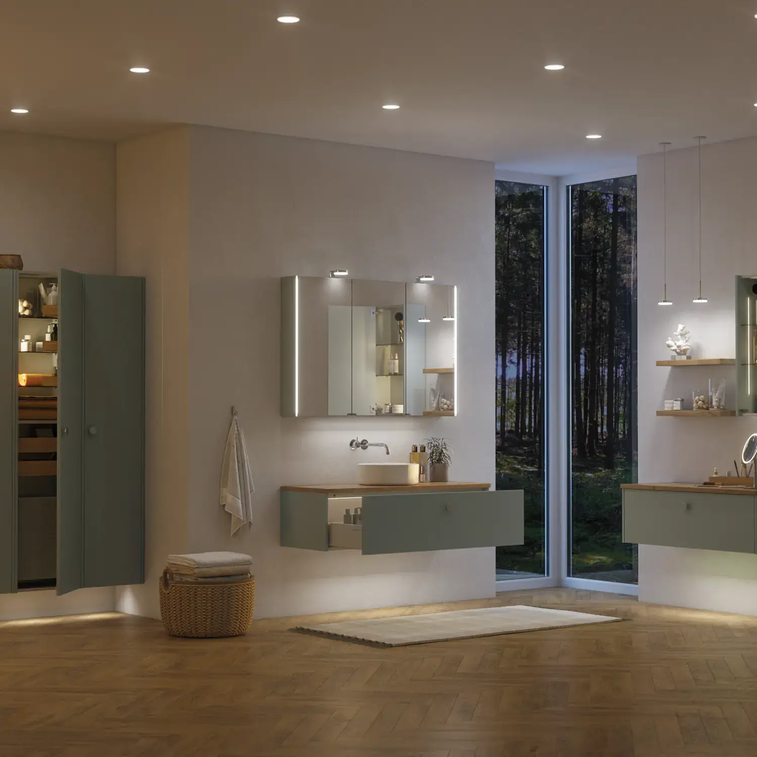 Large bathroom inspiration in Nordic style with bathroom furniture in light blue colour and wooden countertop with elegant countertop basin, herringbone wooden floor creating a bright and classic style