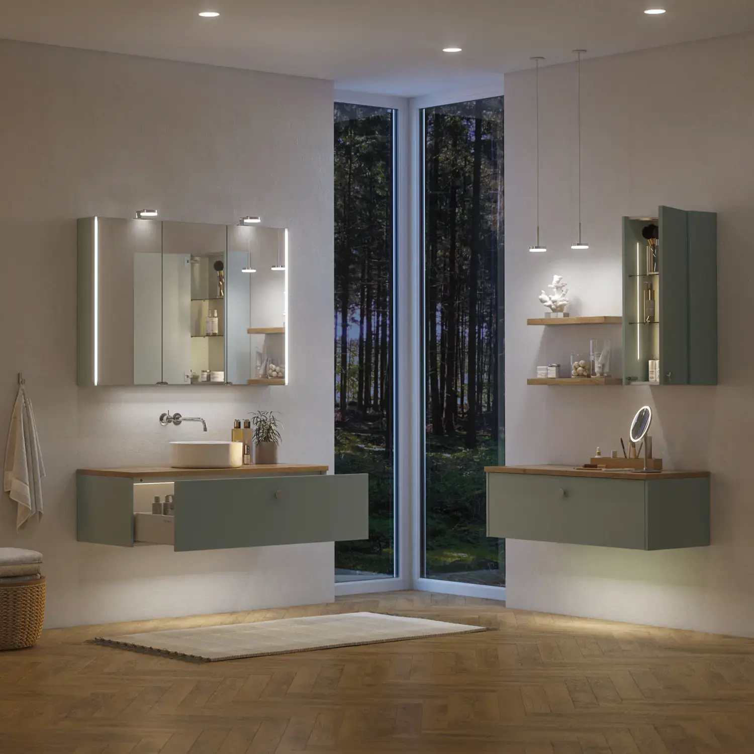 Large bathroom inspiration in Nordic style with bathroom furniture in light blue colour and wooden countertop with elegant countertop basin, herringbone wooden floor creating a bright and classic style