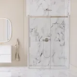 Large bathroom inspiration with large luxurious walk-in shower with sliding door, white bathroom furniture, large modern tiles and long curtains for a classic and romantic look