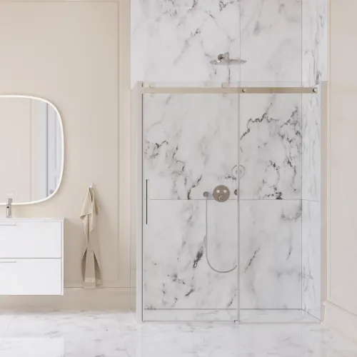 Large bathroom inspiration with large luxurious walk-in shower with sliding door, white bathroom furniture, large modern tiles and long curtains for a classic and romantic look