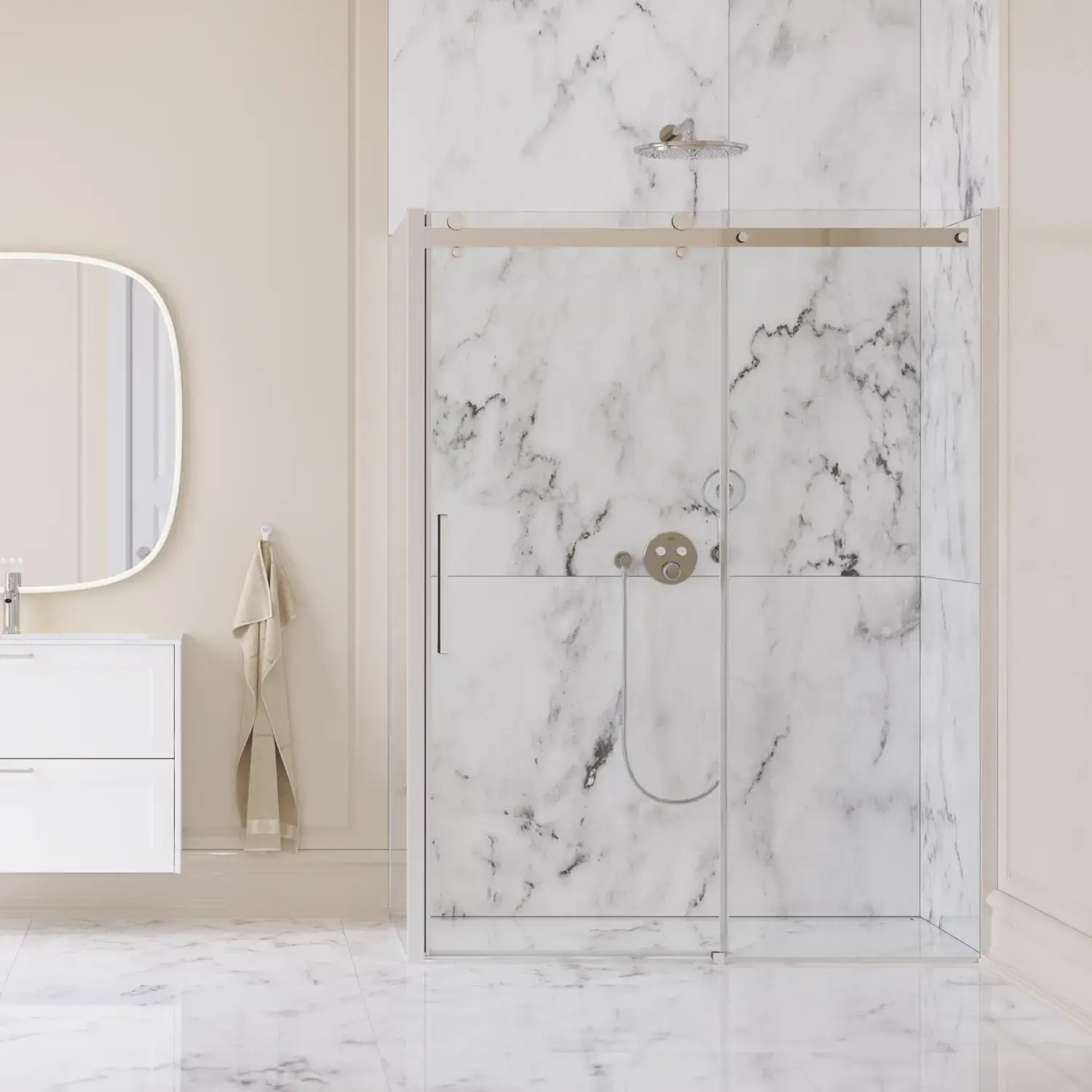 Large bathroom inspiration with large luxurious walk-in shower with sliding door, white bathroom furniture, large modern tiles and long curtains for a classic and romantic look
