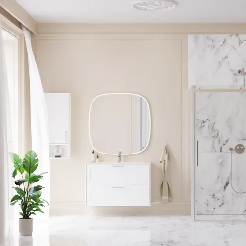 Large bathroom inspiration with large luxurious walk-in shower with sliding door, white bathroom furniture, large modern tiles and long curtains for a classic and romantic look