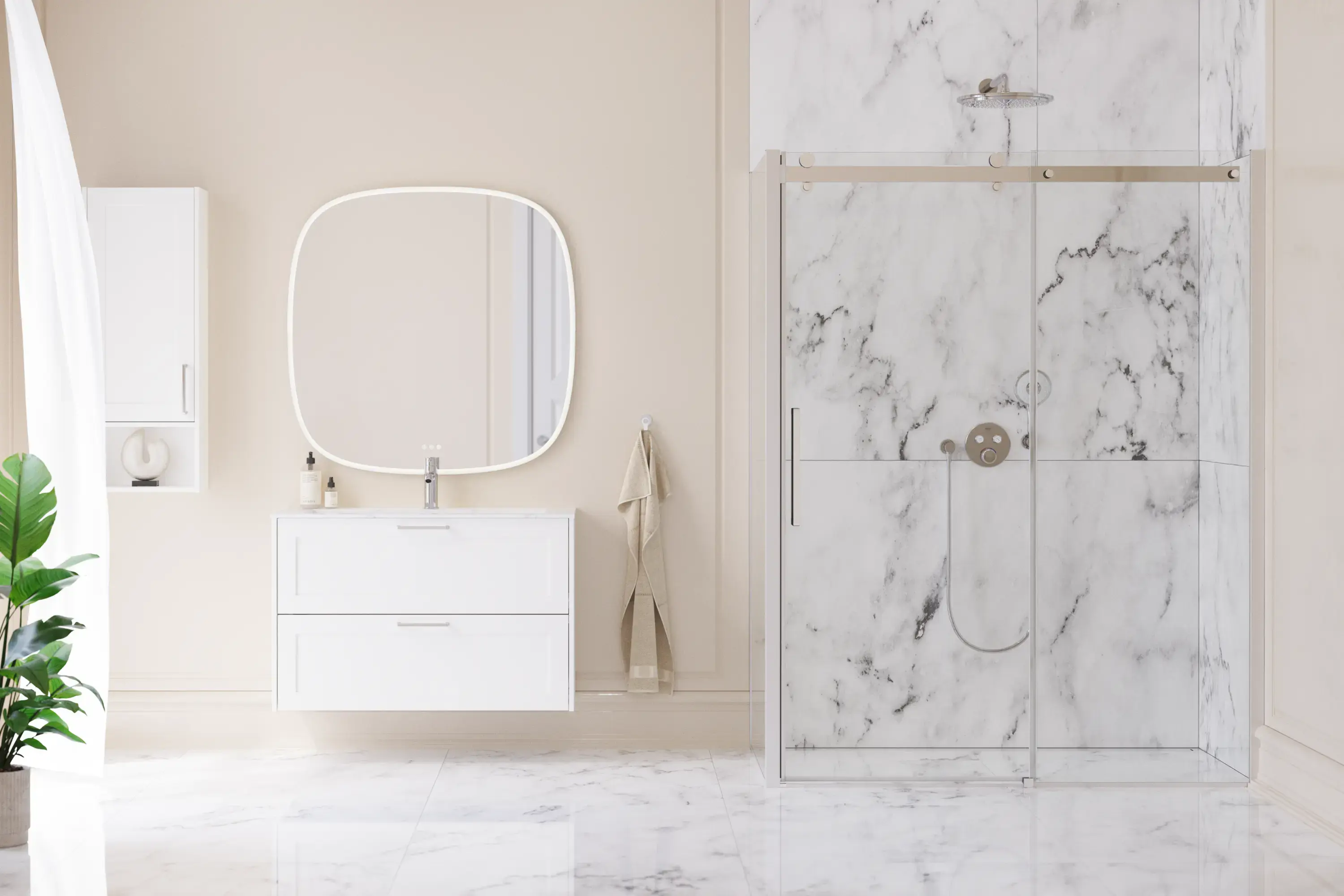Large bathroom inspiration with large luxurious walk-in shower with sliding door, white bathroom furniture, large modern tiles and long curtains for a classic and romantic look