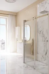 Large bathroom inspiration with large luxurious walk-in shower with sliding door, white bathroom furniture, large modern tiles and long curtains for a classic and romantic look