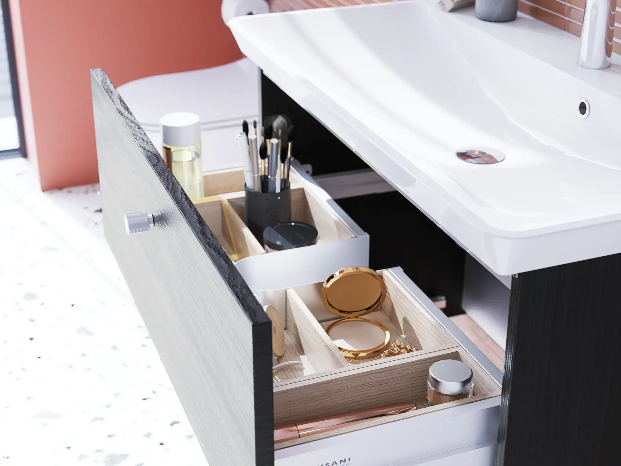 Bathroom inspiration with an elegant sink and a vanity unit with practical and stylish drawer organization in the form of beautiful wooden boxes, providing optimal space utilization.