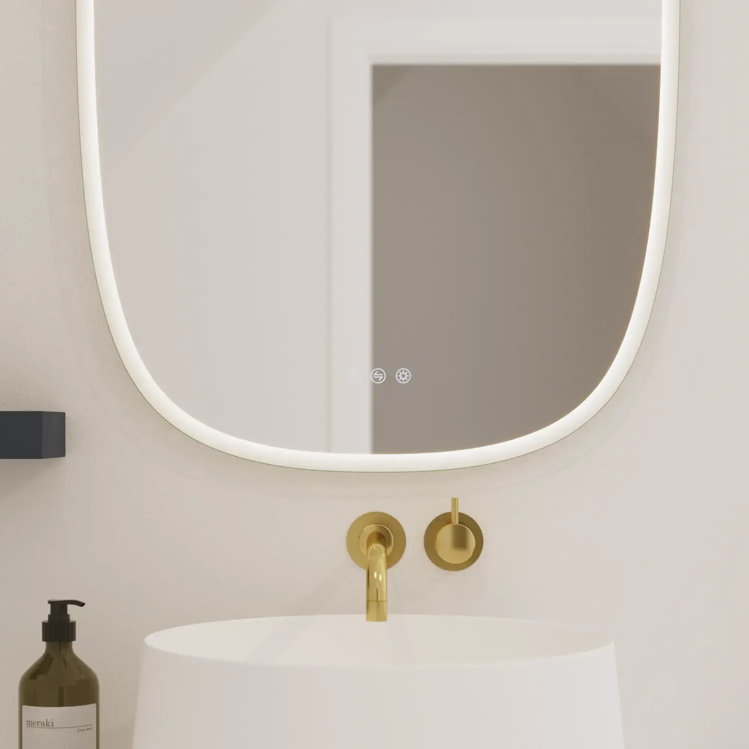 Elegant and modern bathroom inspiration with slanted ceiling, wall-mounted blue vanity unit and base cabinets, round sink with brass faucet, illuminated mirror, and natural light