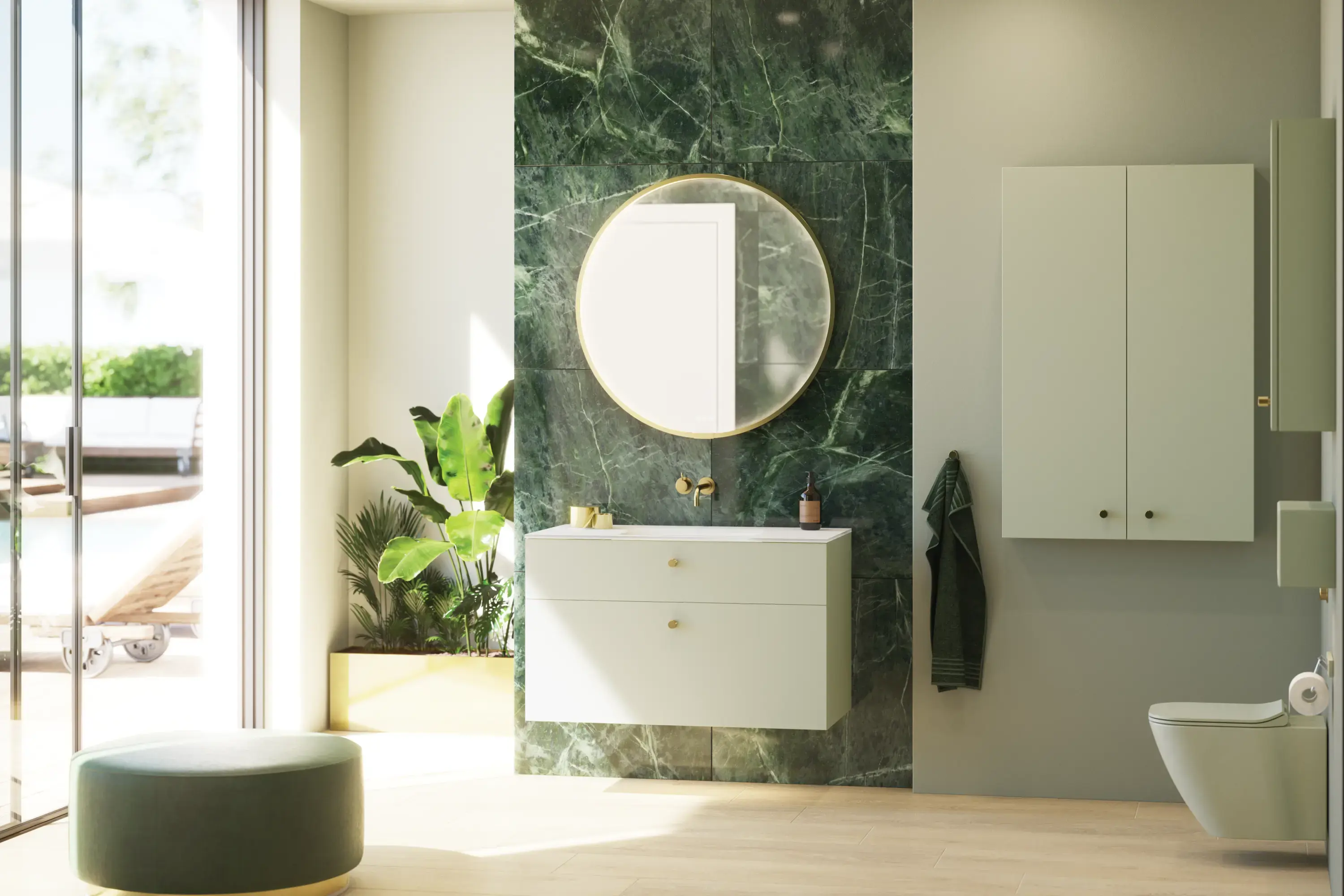 Stylish and luxurious bathroom with gentle green tones, a large elegant round mirror, and a modern, sophisticated green toilet