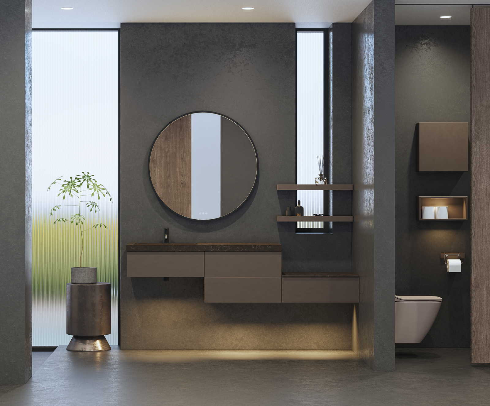 Stylish and spacious bathroom inspiration with a large round mirror with a black frame, dark stone sink, colored toilet, upper cabinet, and open shelf in a sophisticated and muted design