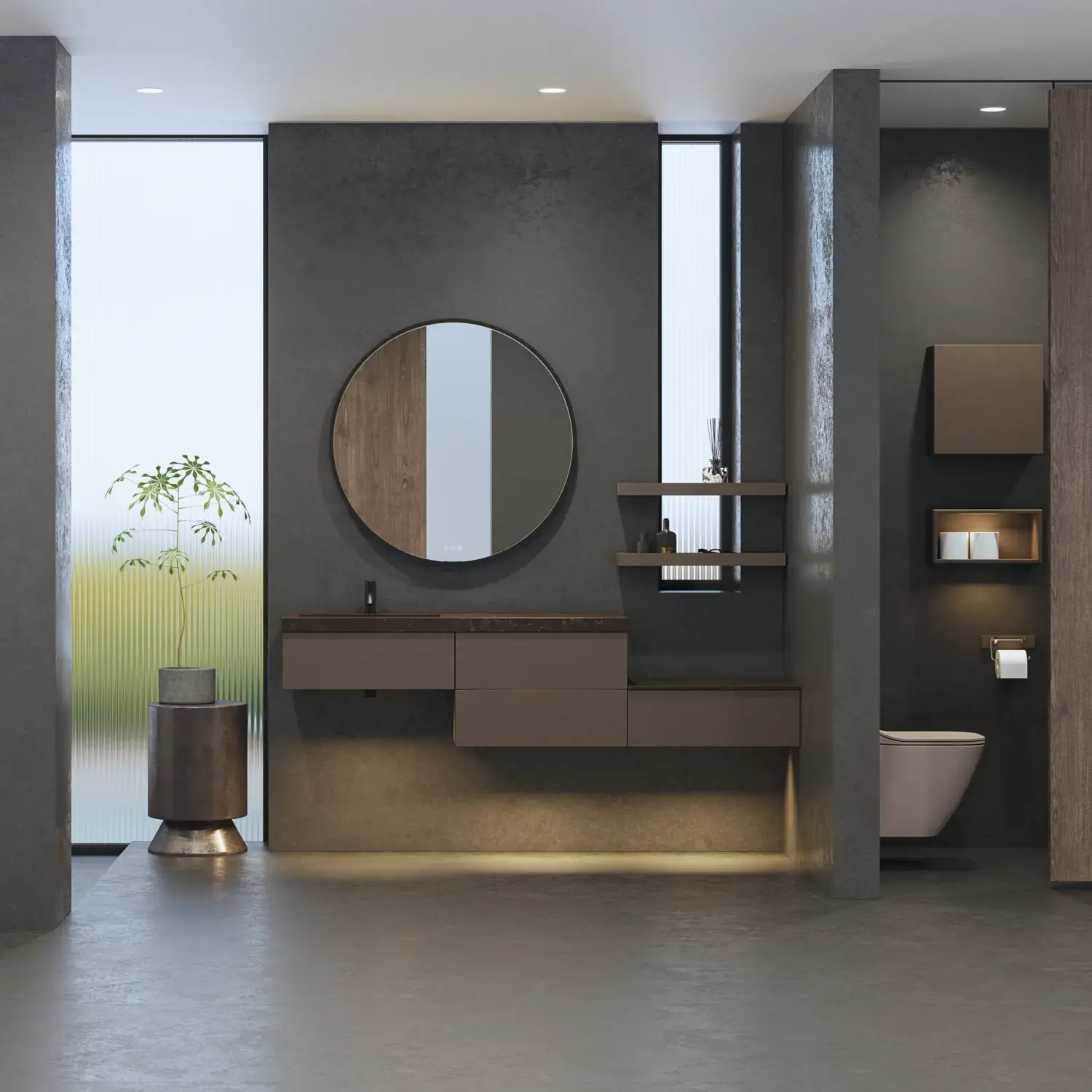 Stylish and spacious bathroom inspiration with a large round mirror with a black frame, dark stone sink, colored toilet, upper cabinet, and open shelf in a sophisticated and muted design