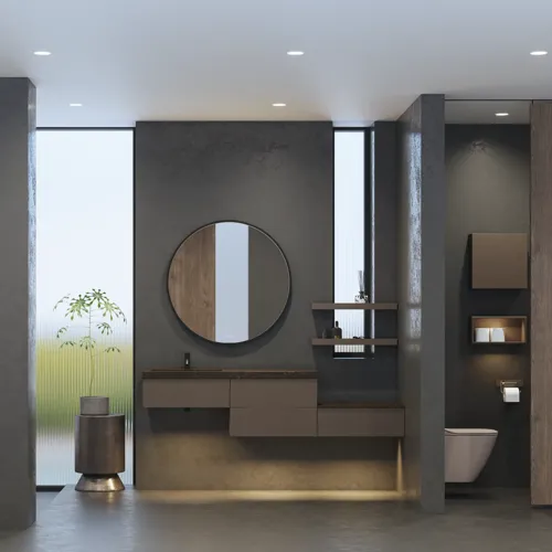 Stylish and spacious bathroom inspiration with a large round mirror with a black frame, dark stone sink, colored toilet, upper cabinet, and open shelf in a sophisticated and muted design