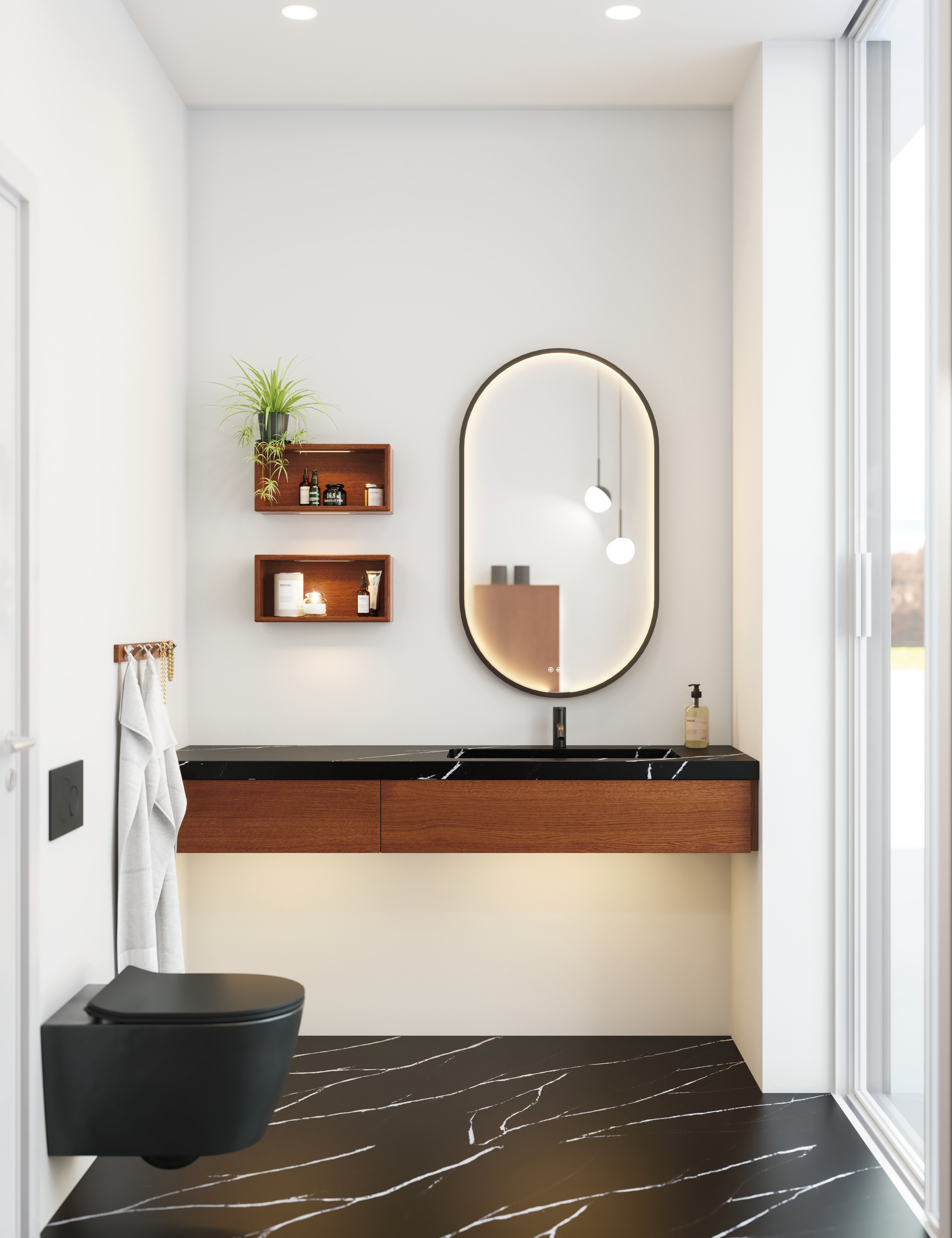 Modern and stylish bathroom inspiration with an oval mirror with a black frame and light control, colored toilet, vanity unit, base cabinets, and cabinets in reddish-brown oak, Silestone sink and matching floor