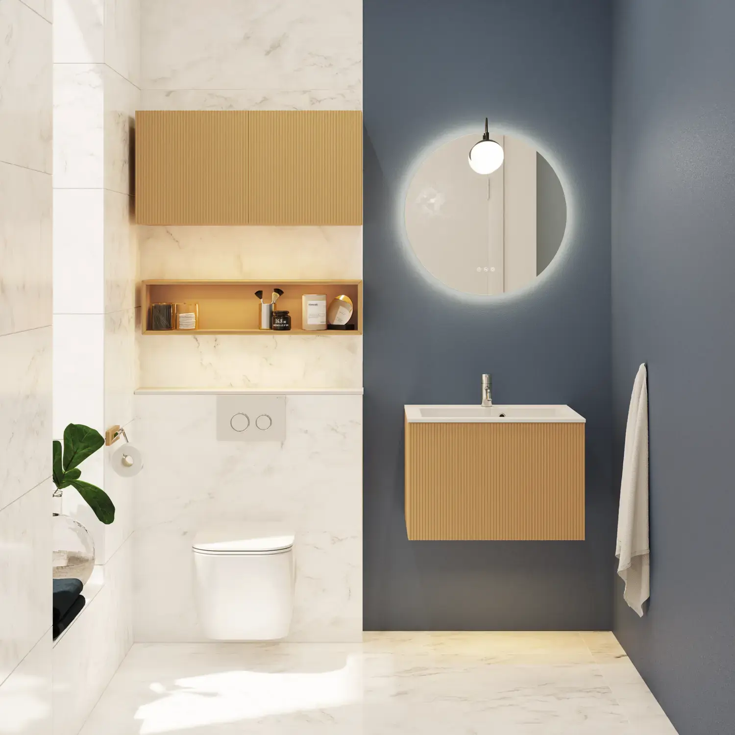 Small, stylish bathroom with dark blue walls, soft yellow bathroom furniture with grooves, and an elegant round mirror with lamp