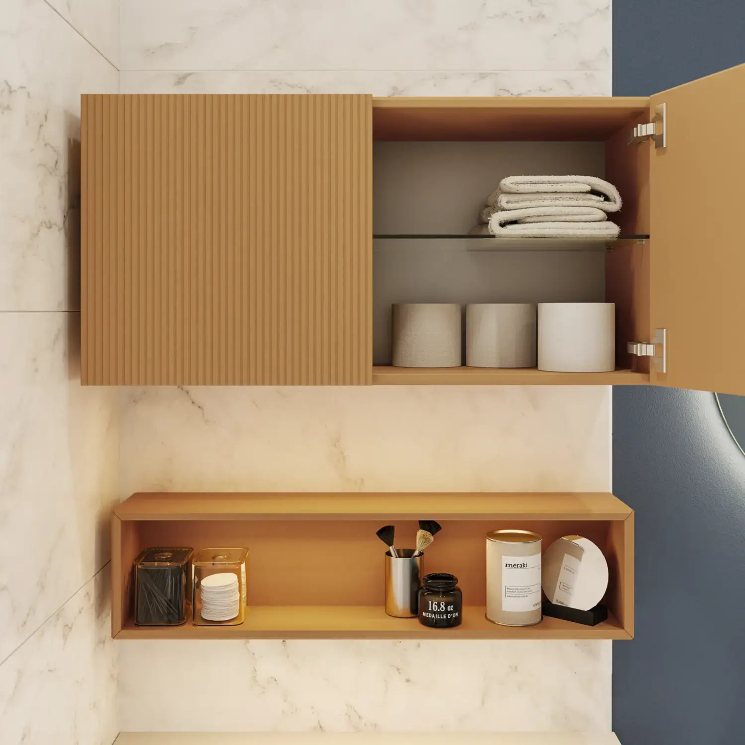 Small stylish bathroom with dark blue walls, soft yellow bathroom furniture with grooves, and an elegant round mirror with lamp