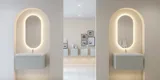 Stylish and modern bathroom inspiration with oval mirrors with light control, stone sinks, and vanity units with fine and elegant grooves in a minimalist design, the bathroom has a light and airy atmosphere with elegant lighting and refined details