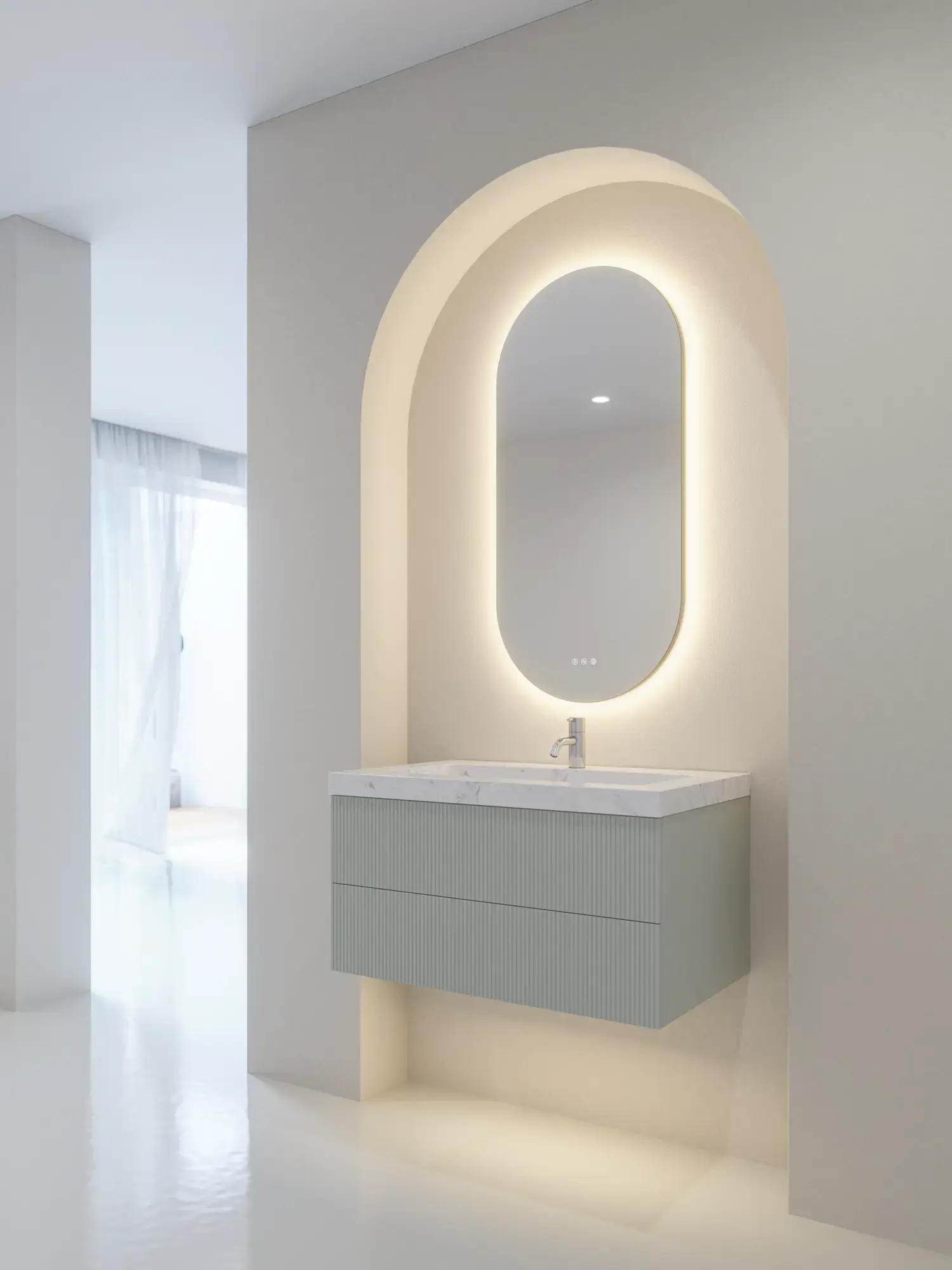 Stylish and modern bathroom inspiration with oval mirrors with light control, stone sinks, and vanity units with fine and elegant grooves in a minimalist design, the bathroom has a light and airy atmosphere with elegant lighting and refined details