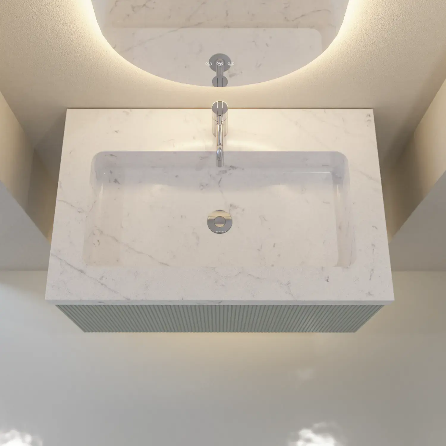 Stylish and modern bathroom inspiration with oval mirrors with light control, stone sinks, and vanity units with fine and elegant grooves in a minimalist design, the bathroom has a light and airy atmosphere with elegant lighting and refined details