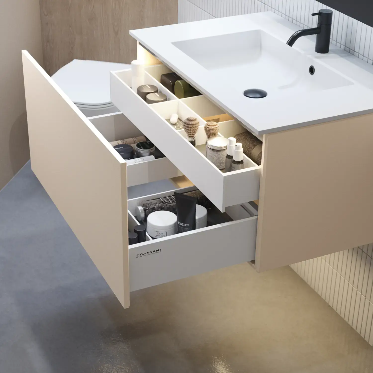 Stylish bathroom inspiration with beige vanity unit with inner drawer, upper cabinet, open shelf, oval mirror with lighting, matching pendants, shelf under the mirror, and wall-mounted toilet. Walls with light, elongated tiles