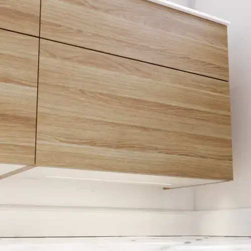 Nordic bathroom in wood finish with beautiful black framed round mirrors and plenty of storage in the furniture