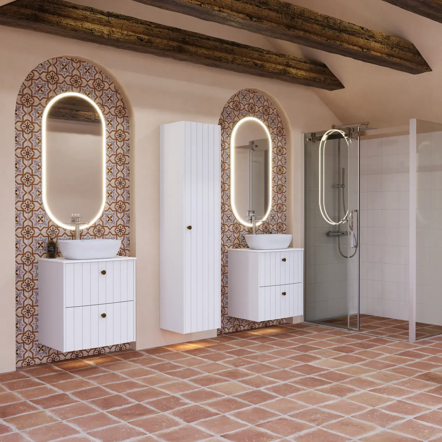 Large bathroom inspiration with white ribbed furniture, elegant countertops and countertop basins, oval mirrors with lights, exposed beams and patterned tiles create a vintage and stylish look
