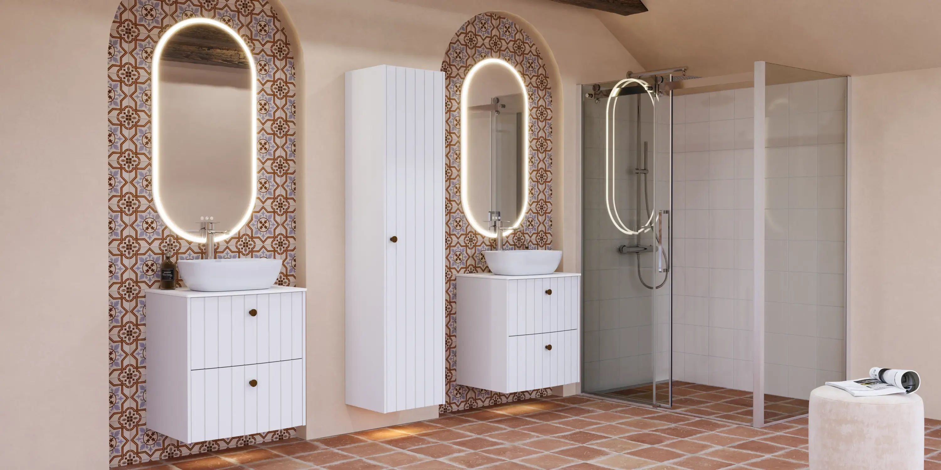 Large bathroom inspiration with white ribbed furniture, elegant countertops and countertop basins, oval mirrors with lights, exposed beams and patterned tiles create a vintage and stylish look