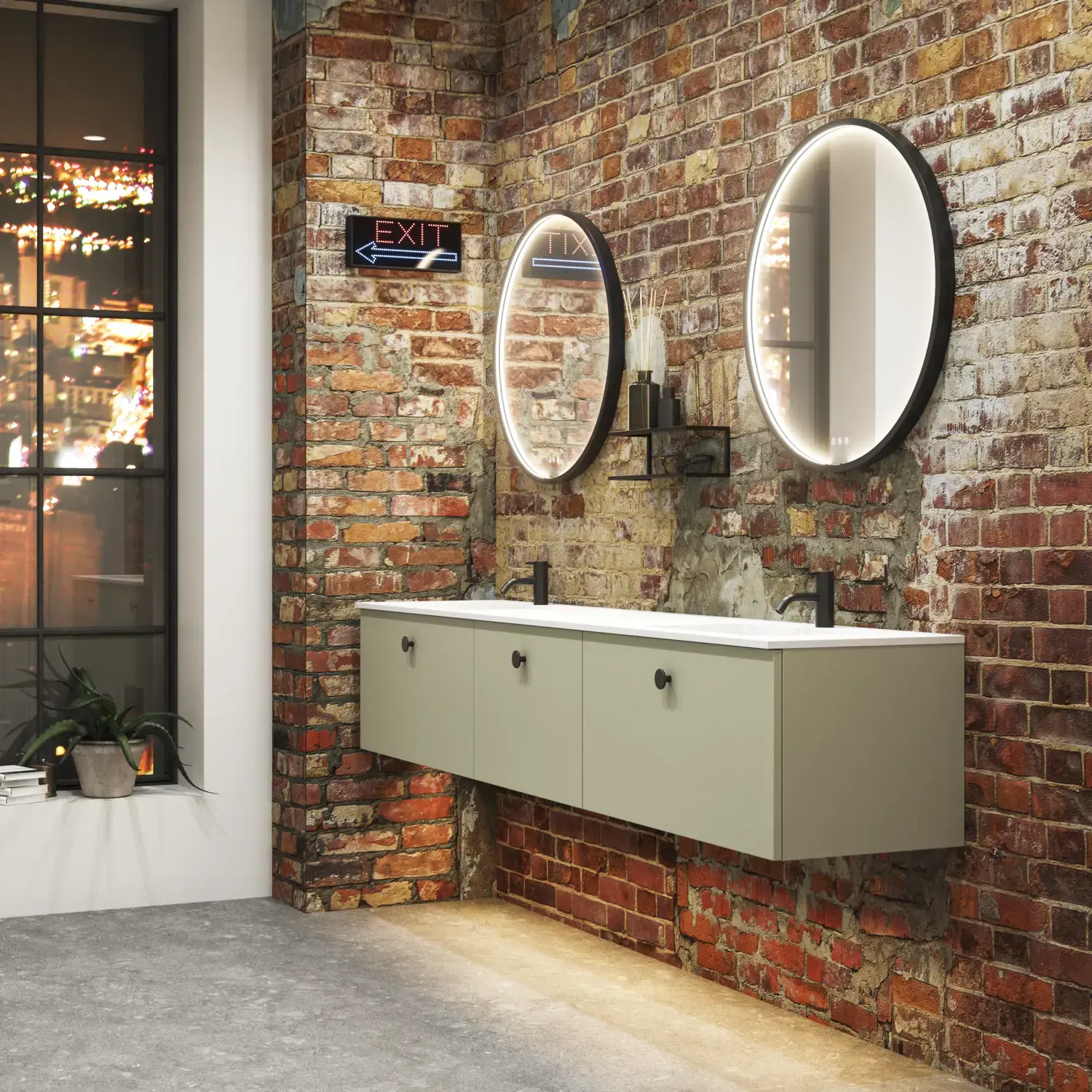 Raw and modern bathroom in an urban style. Beautiful vanity units and black framed round mirrors