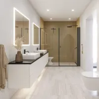 Large bathroom inspiration in a modern and minimalist style with white bathroom furniture and an elegant black countertop with square free-standing sinks, aesthetic and practical built-in mirror cabinets with light frame, and walk-in shower