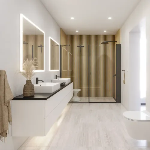 Large bathroom inspiration in a modern and minimalist style with white bathroom furniture and an elegant black countertop with square free-standing sinks, aesthetic and practical built-in mirror cabinets with light frame, and walk-in shower