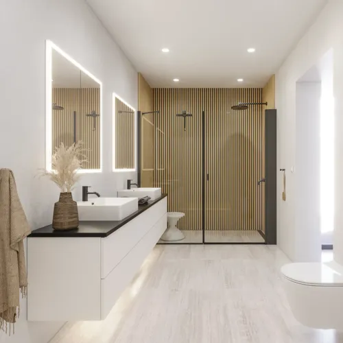 Large bathroom inspiration in a modern and minimalist style with white bathroom furniture and an elegant black countertop with square free-standing sinks, aesthetic and practical built-in mirror cabinets with light frame, and walk-in shower