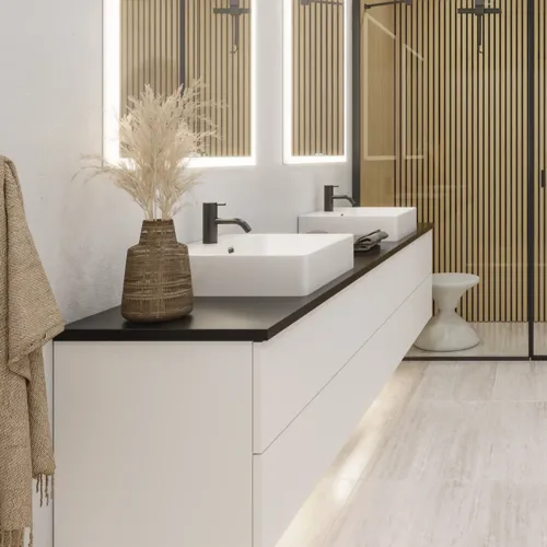 Large bathroom inspiration in a modern and minimalist style with white bathroom furniture and an elegant black countertop with square free-standing sinks, aesthetic and practical built-in mirror cabinets with light frame, and walk-in shower