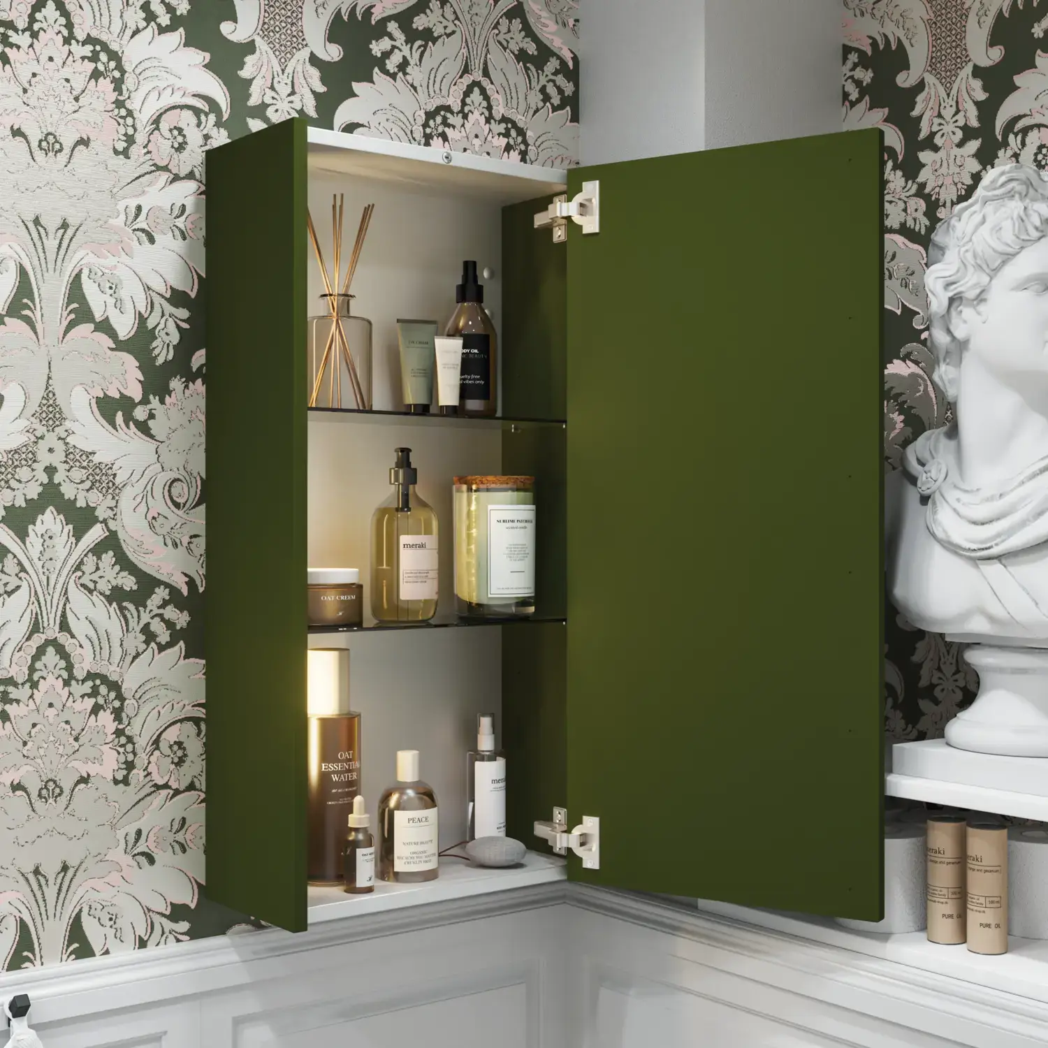 Small bathroom inspiration in a classic style with vanity unit and olive green cabinet, a beautiful square mirror, herringbone floor, and wallpaper provide a luxurious and refined look.
