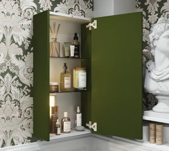 Small bathroom inspiration in a classic style with vanity unit and olive green cabinet, a beautiful square mirror, herringbone floor, and wallpaper provide a luxurious and refined look.