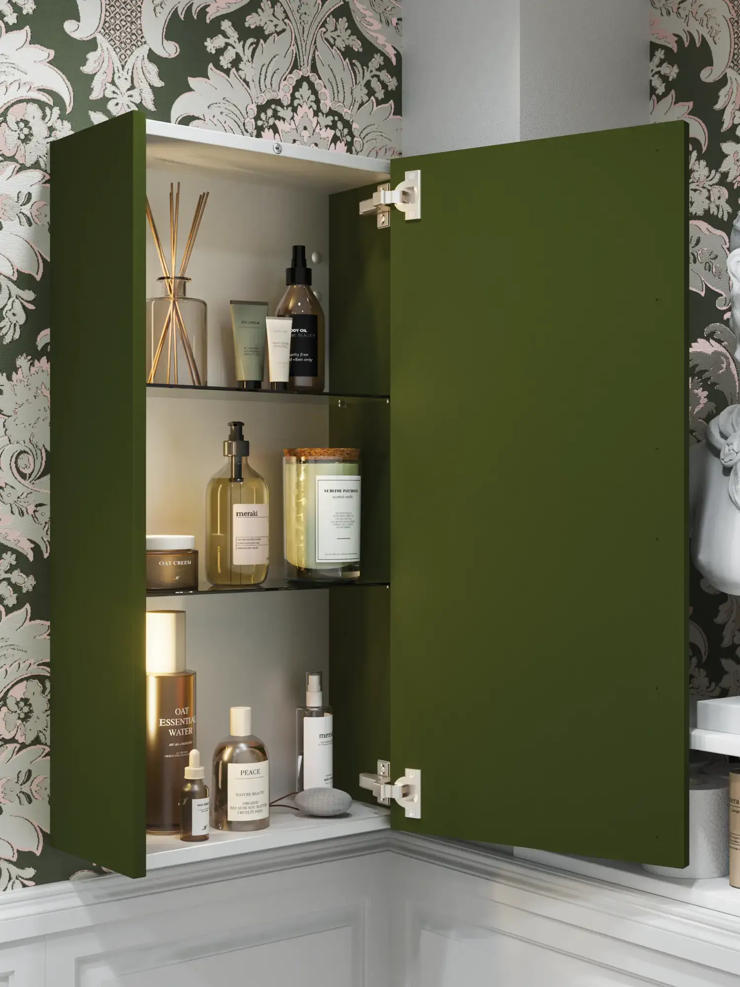 Small bathroom inspiration in a classic style with vanity unit and olive green cabinet, a beautiful square mirror, herringbone floor, and wallpaper provide a luxurious and refined look.