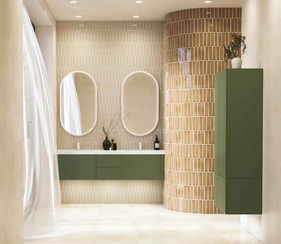 Large and luxurious bathroom with lovely oval mirrors and beautiful tiles in natural colours