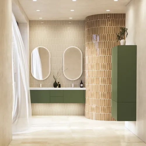 Large and luxurious bathroom with lovely oval mirrors and beautiful tiles in natural colours