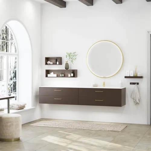 Nordic style bathroom inspiration with vanity unit and base cabinets in smoked oak, makeup area, side-mounted sink, round mirror with brass frame, and visible charming wooden beams