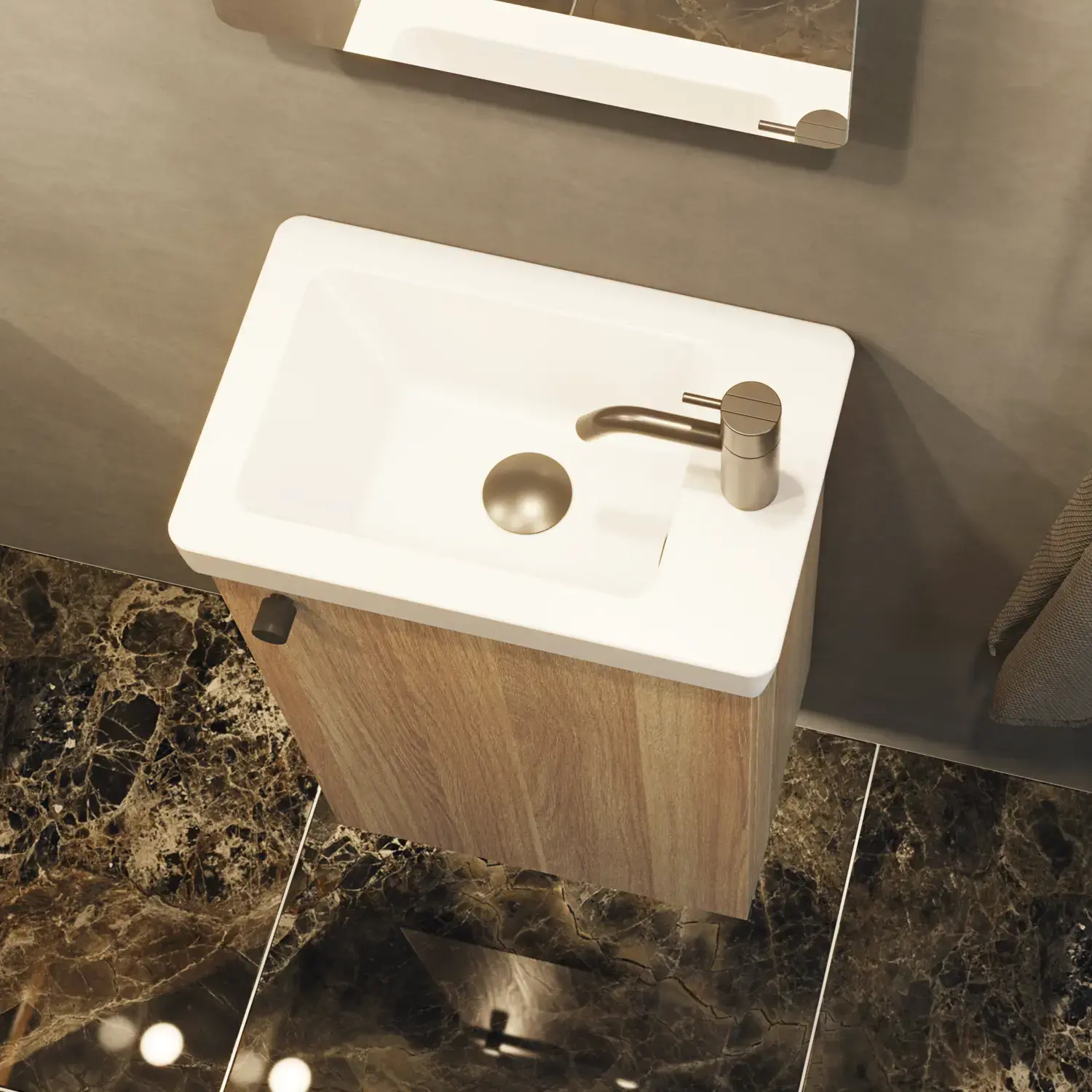 Stylish and minimalist bathroom inspiration featuring a micro basin with a small vanity unit, a square mirror with rounded corners and a lamp, and an elegant mirror cabinet.