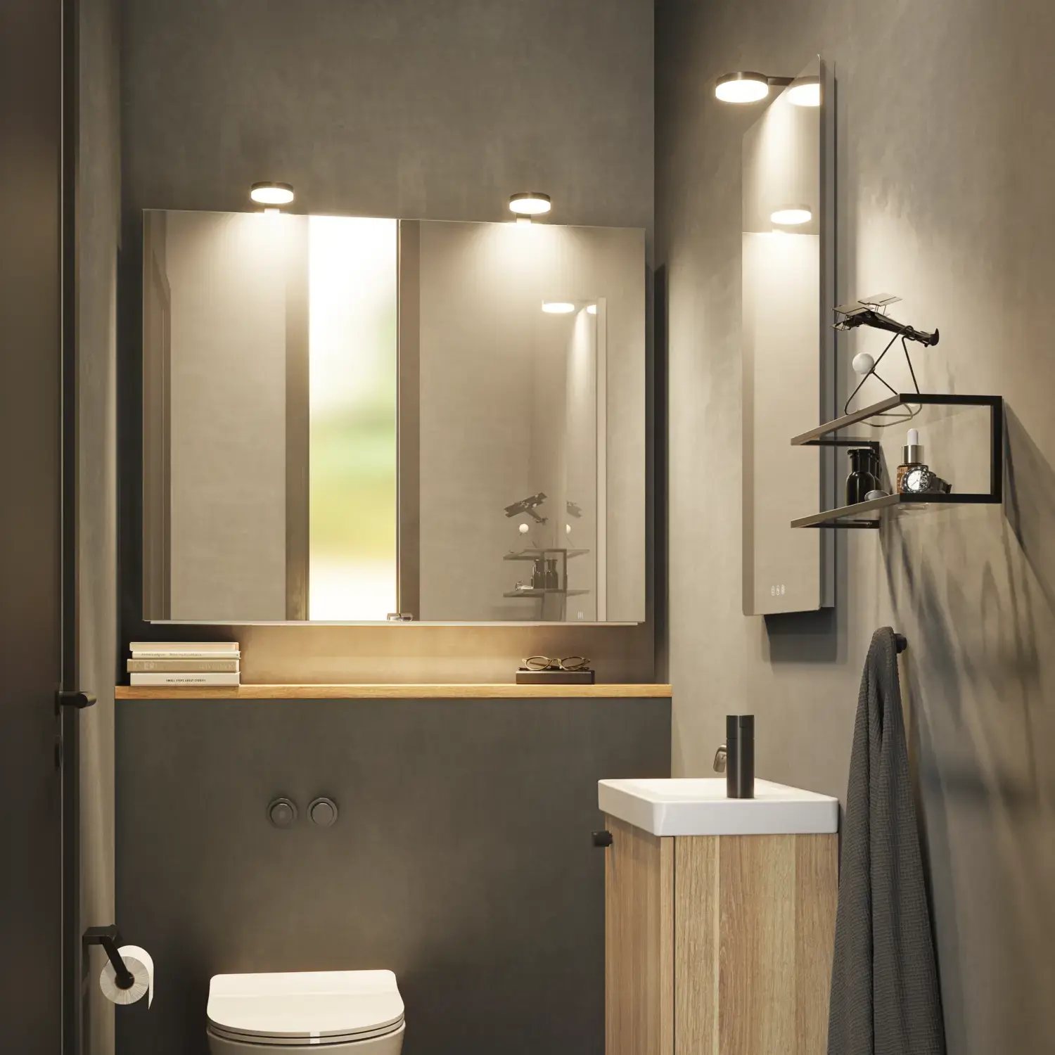 Stylish and minimalist bathroom inspiration featuring a micro basin with a small vanity unit, a square mirror with rounded corners and a lamp, and an elegant mirror cabinet.