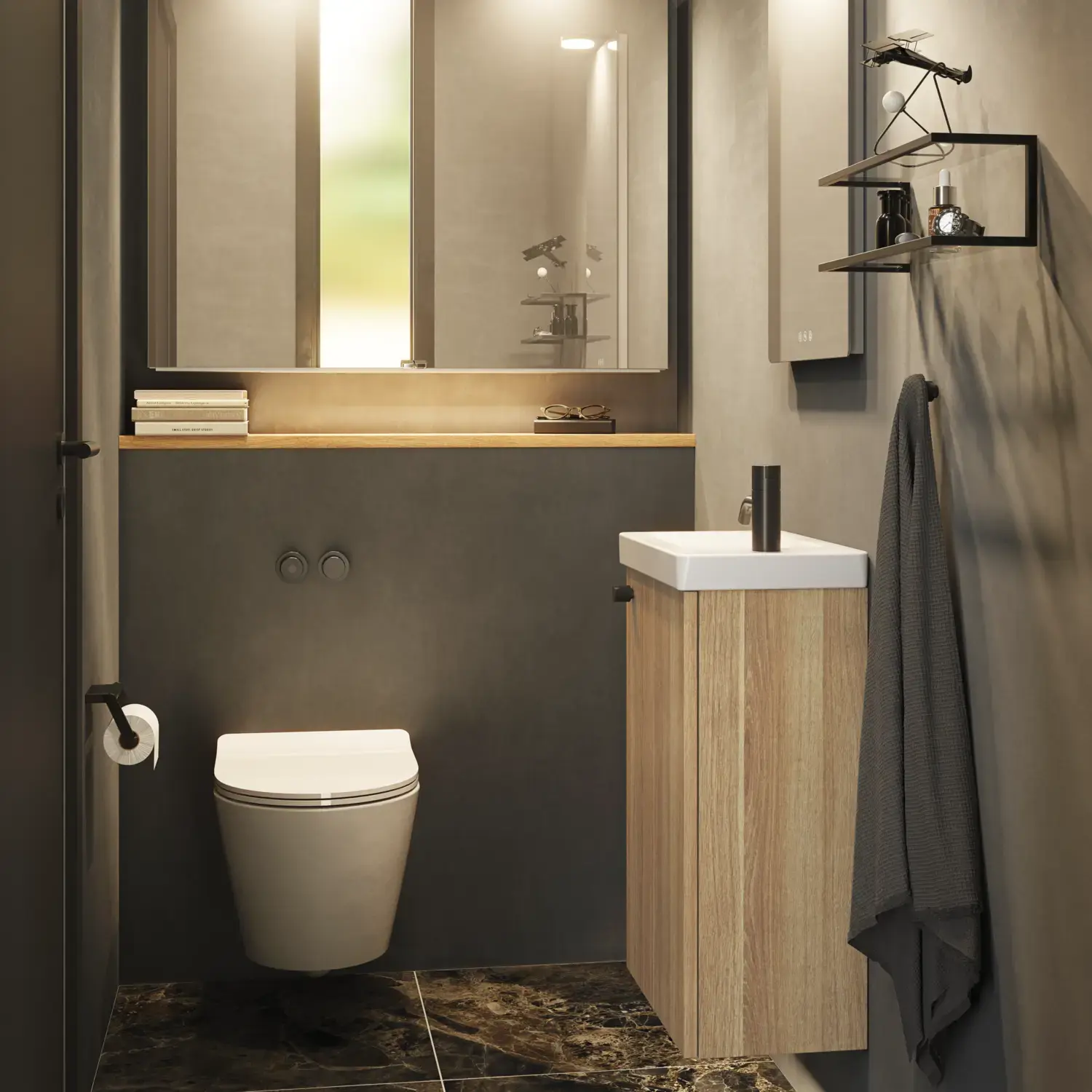 Stylish and minimalist bathroom inspiration featuring a micro basin with a small vanity unit, a square mirror with rounded corners and a lamp, and an elegant mirror cabinet.