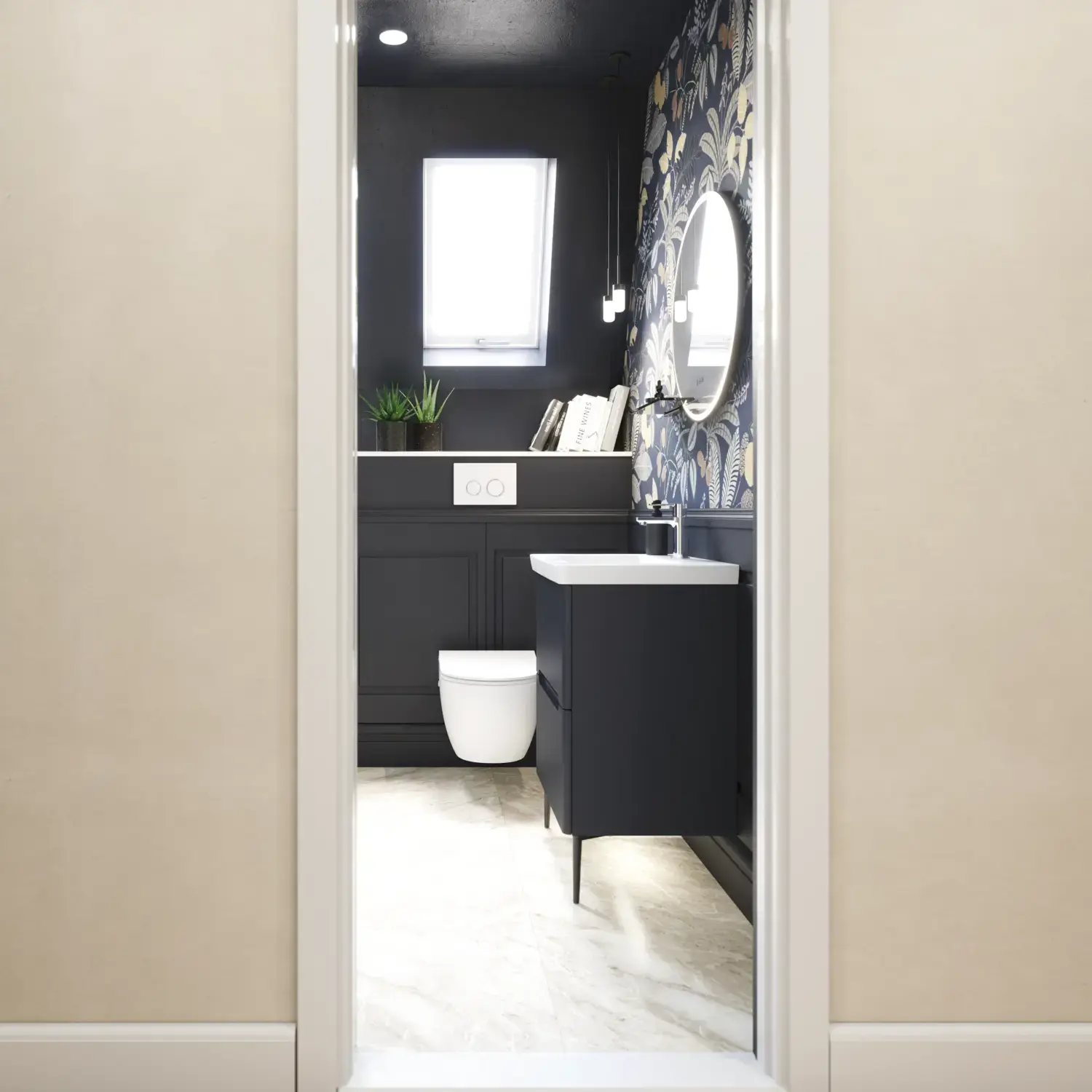 Bathroom inspiration with dark blue wall panels, romantic floral wallpaper, dark blue vanity with soft curves, and a beautiful round mirror with light, creating a vintage look