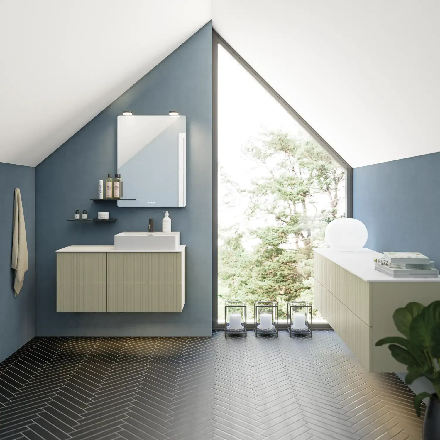 Bathroom with slanted ceiling inspiration, beige furniture with grooves, elegant countertop and square sink, beautiful mirror with shelves, blue walls, large windows, and black herringbone floor give a bright, urban look.