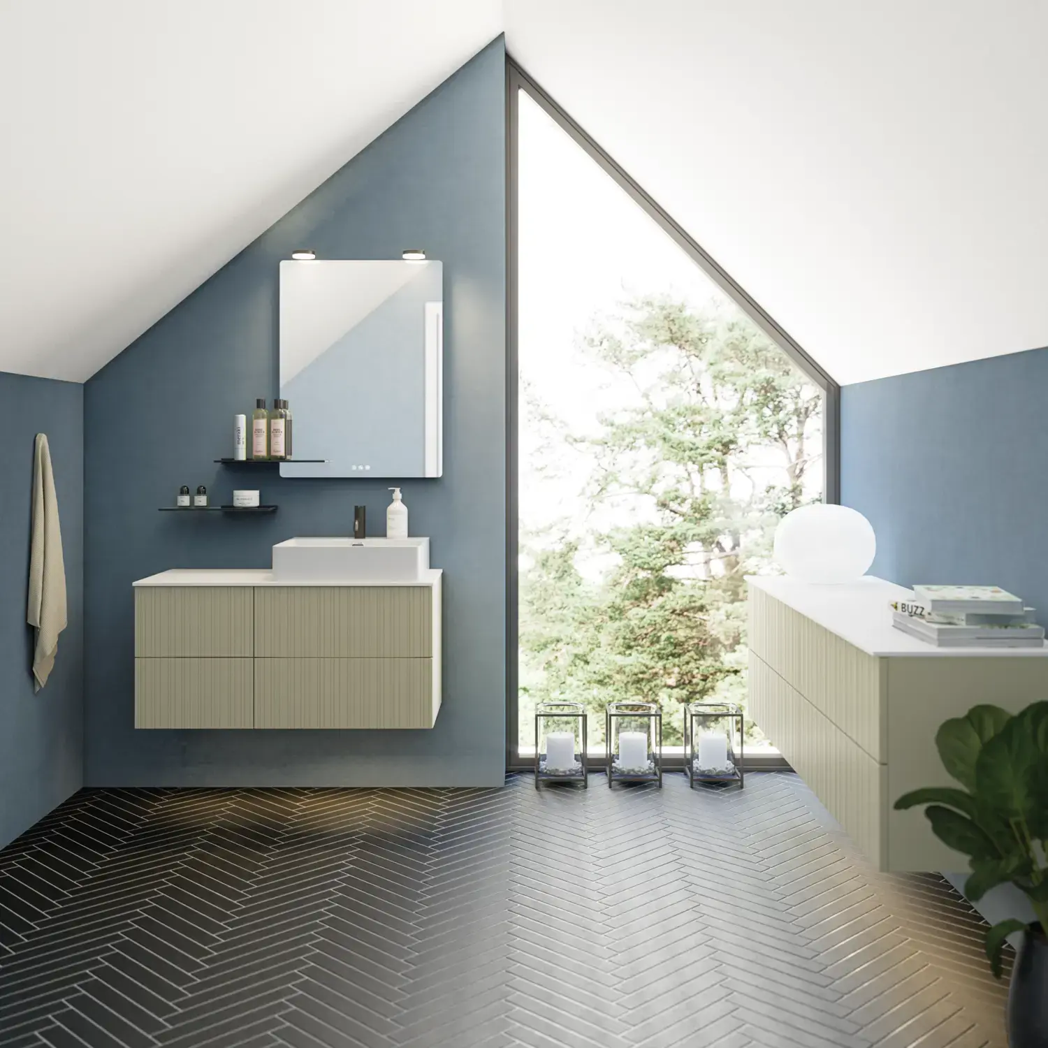 Bathroom with slanted ceiling inspiration, beige furniture with grooves, elegant countertop and square sink, beautiful mirror with shelves, blue walls, large windows, and black herringbone floor give a bright, urban look.