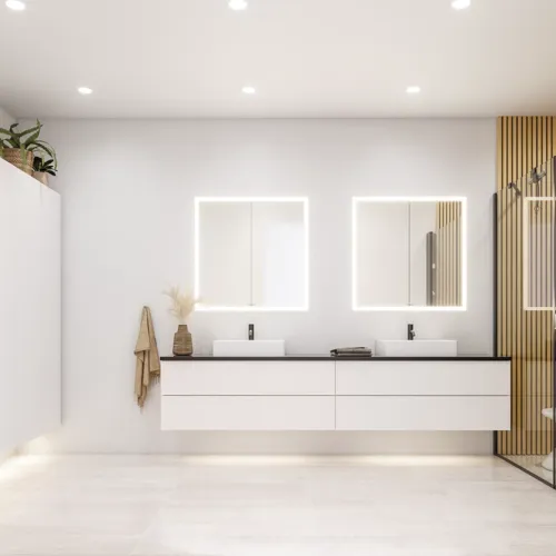 Large bathroom inspiration in a modern and minimalist style with white bathroom furniture and an elegant black countertop with square free-standing sinks, aesthetic and practical built-in mirror cabinets with light frame, and walk-in shower