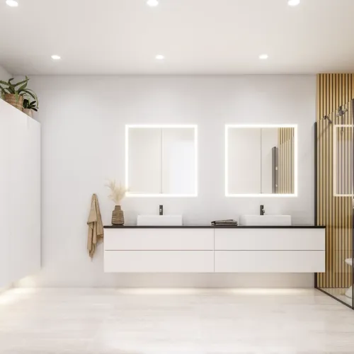 Large bathroom inspiration in a modern and minimalist style with white bathroom furniture and an elegant black countertop with square free-standing sinks, aesthetic and practical built-in mirror cabinets with light frame, and walk-in shower