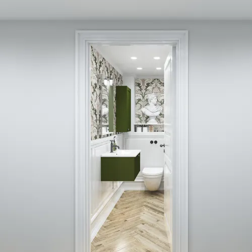 Small bathroom inspiration in a classic style with vanity unit and olive green cabinet, a beautiful square mirror, herringbone floor, and wallpaper provide a luxurious and refined look.